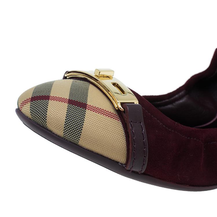 Pre Owned Burberry Burgundy Suede Twistlock Drayton and Novacheck Captoe Ballet Flats Size 39.5