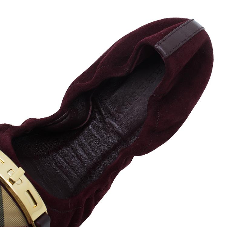 Pre Owned Burberry Burgundy Suede Twistlock Drayton and Novacheck Captoe Ballet Flats Size 39.5