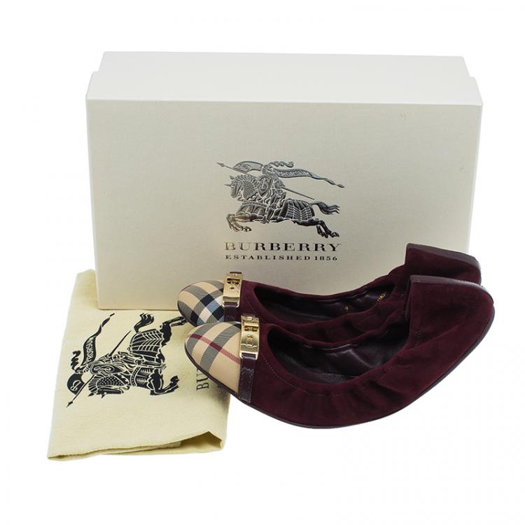 Pre Owned Burberry Burgundy Suede Twistlock Drayton and Novacheck Captoe Ballet Flats Size 39.5