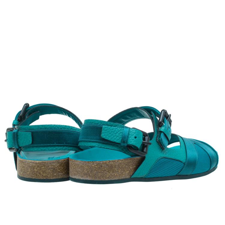 Pre Owned Burberry Prorsum Turquoise Leather and Satin Field Sandals Size 38.5