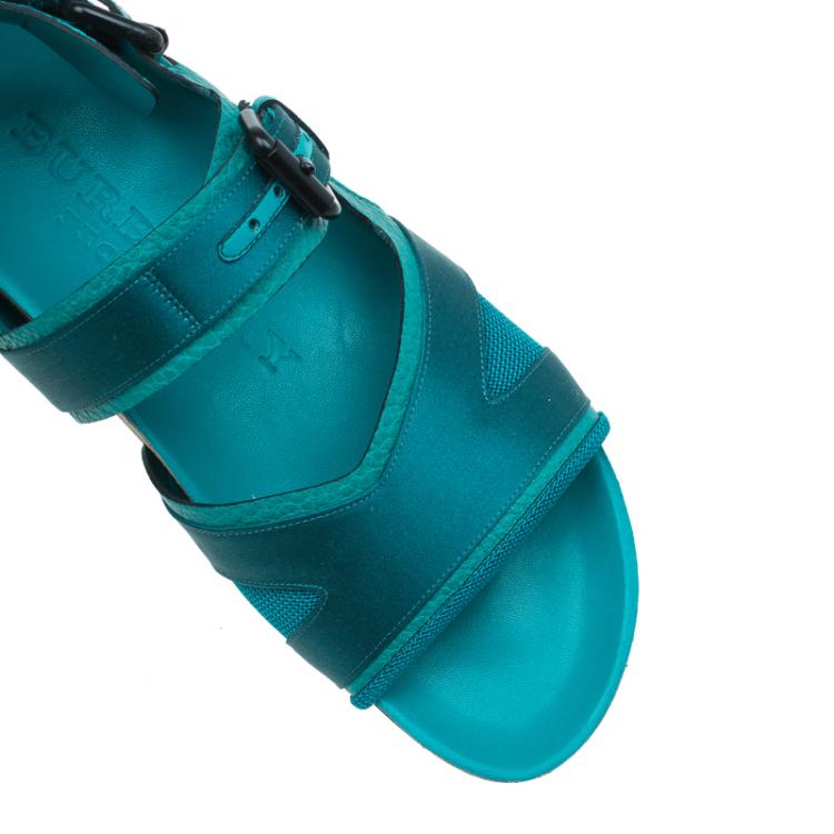Pre Owned Burberry Prorsum Turquoise Leather and Satin Field Sandals Size 38.5