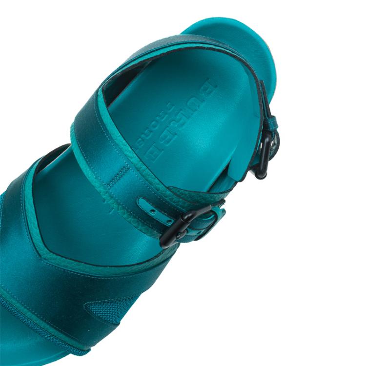 Pre Owned Burberry Prorsum Turquoise Leather and Satin Field Sandals Size 38.5