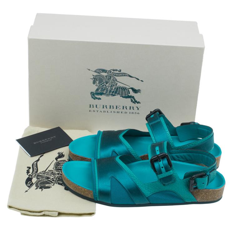 Pre Owned Burberry Prorsum Turquoise Leather and Satin Field Sandals Size 38.5