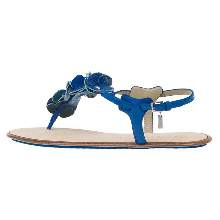 Pre Owned Burberry Blue Patent Flower Detail Ankle Strap Flat Sandals Size 39 