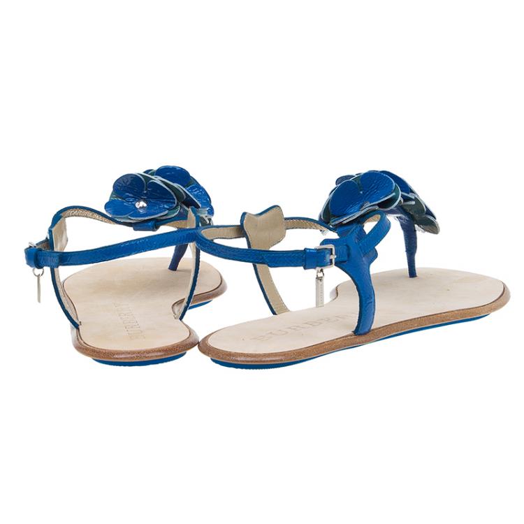 Pre Owned Burberry Blue Patent Flower Detail Ankle Strap Flat Sandals Size 39 