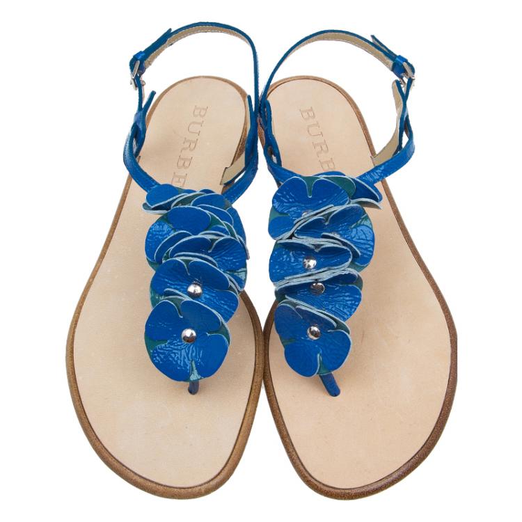Pre Owned Burberry Blue Patent Flower Detail Ankle Strap Flat Sandals Size 39 