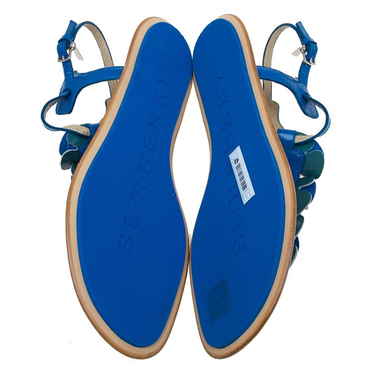 Pre Owned Burberry Blue Patent Flower Detail Ankle Strap Flat Sandals Size 39 