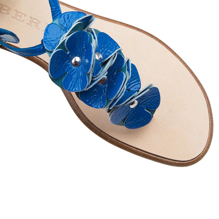 Pre Owned Burberry Blue Patent Flower Detail Ankle Strap Flat Sandals Size 39 