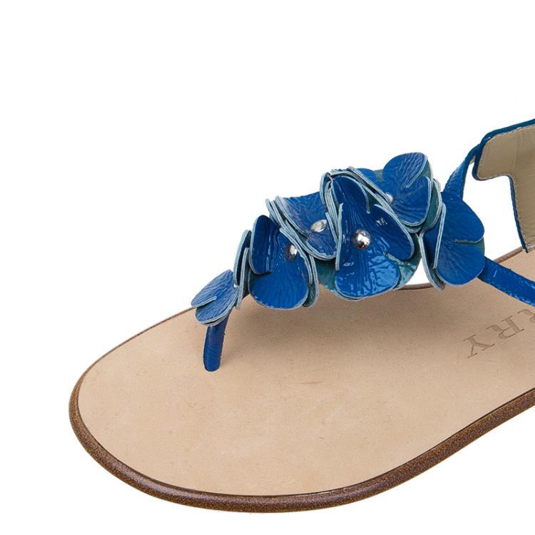 Pre Owned Burberry Blue Patent Flower Detail Ankle Strap Flat Sandals Size 39 