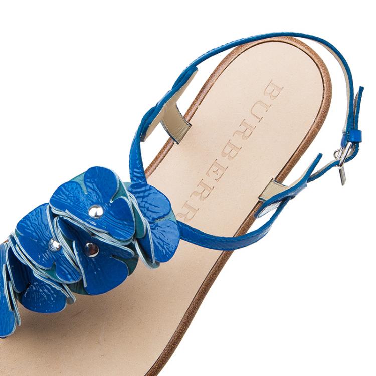 Pre Owned Burberry Blue Patent Flower Detail Ankle Strap Flat Sandals Size 39 