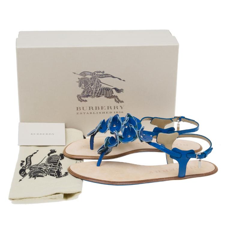 Pre Owned Burberry Blue Patent Flower Detail Ankle Strap Flat Sandals Size 39 