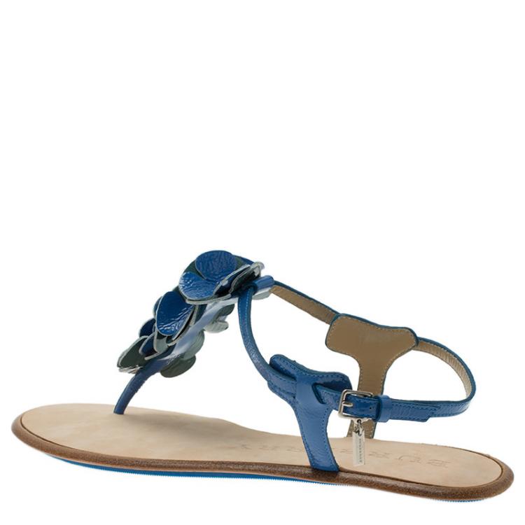 Pre Owned Burberry Blue Patent Flower Detail Ankle Strap Flat Sandals Size 38