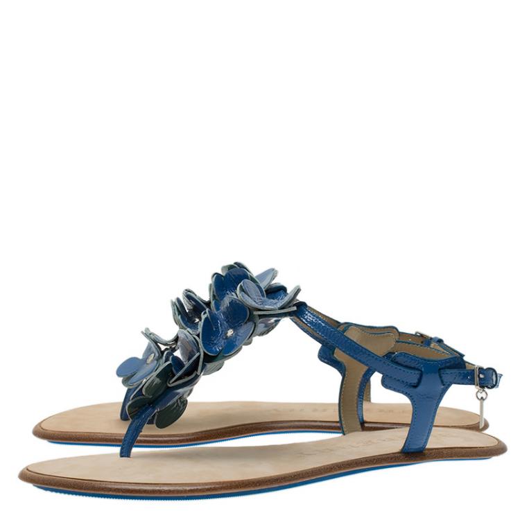 Pre Owned Burberry Blue Patent Flower Detail Ankle Strap Flat Sandals Size 38