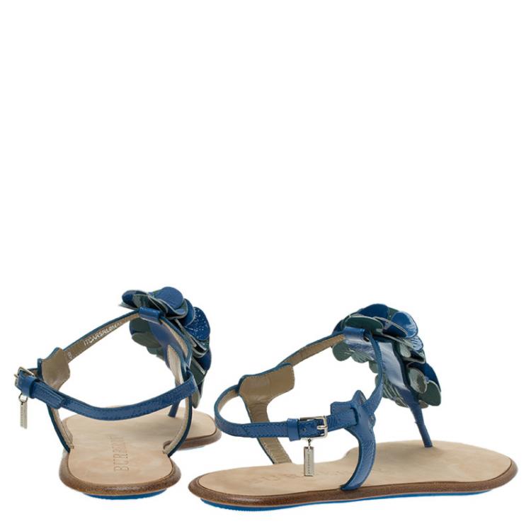 Pre Owned Burberry Blue Patent Flower Detail Ankle Strap Flat Sandals Size 38