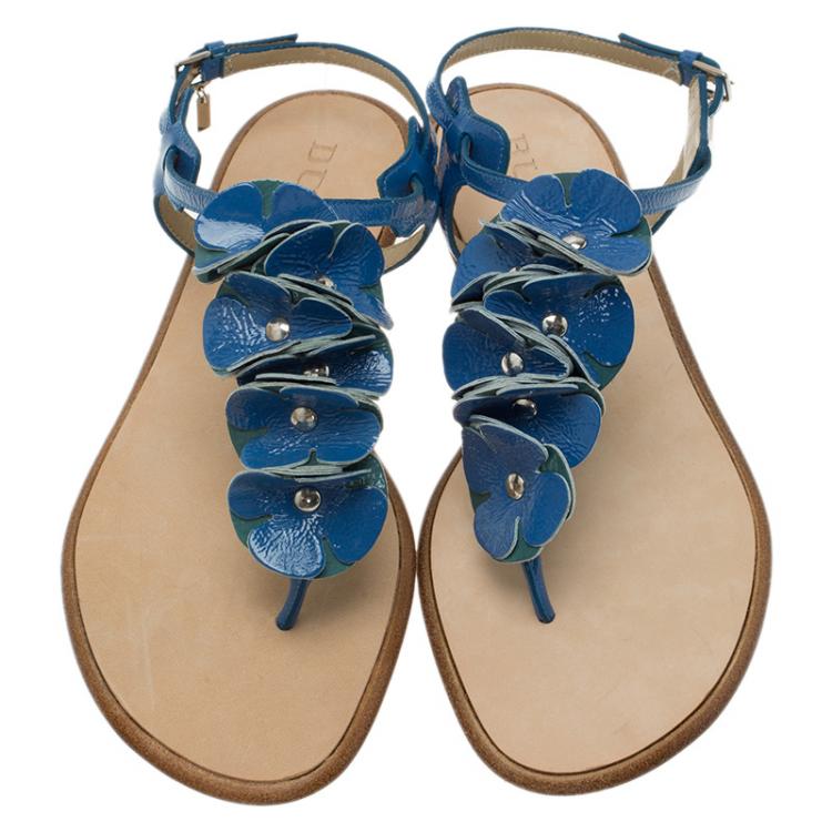 Pre Owned Burberry Blue Patent Flower Detail Ankle Strap Flat Sandals Size 38