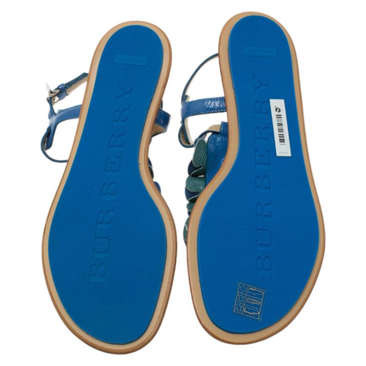 Pre Owned Burberry Blue Patent Flower Detail Ankle Strap Flat Sandals Size 38