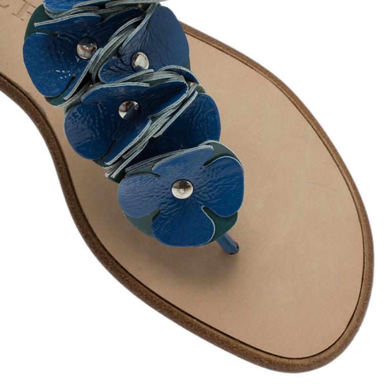 Pre Owned Burberry Blue Patent Flower Detail Ankle Strap Flat Sandals Size 38