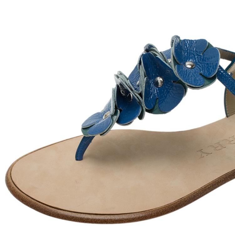 Pre Owned Burberry Blue Patent Flower Detail Ankle Strap Flat Sandals Size 38
