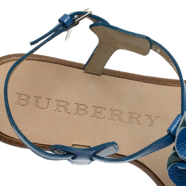 Pre Owned Burberry Blue Patent Flower Detail Ankle Strap Flat Sandals Size 38