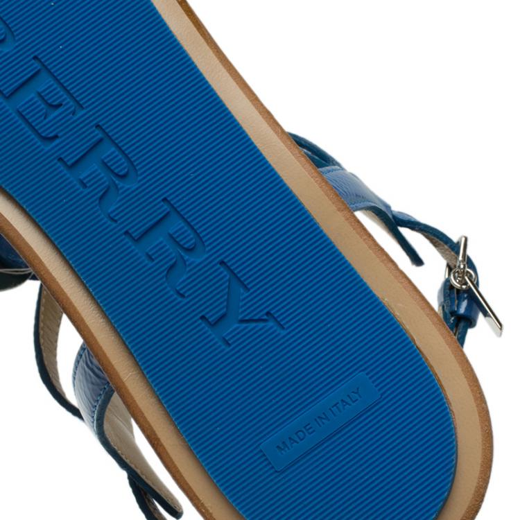 Pre Owned Burberry Blue Patent Flower Detail Ankle Strap Flat Sandals Size 38