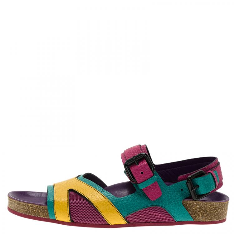 Pre Owned Burberry Multicolor Leather and Mesh Buckle Detail Sandals Size 38.5