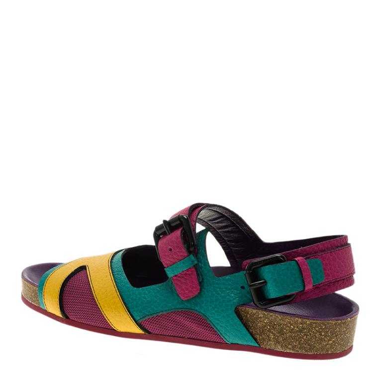 Pre Owned Burberry Multicolor Leather and Mesh Buckle Detail Sandals Size 38.5