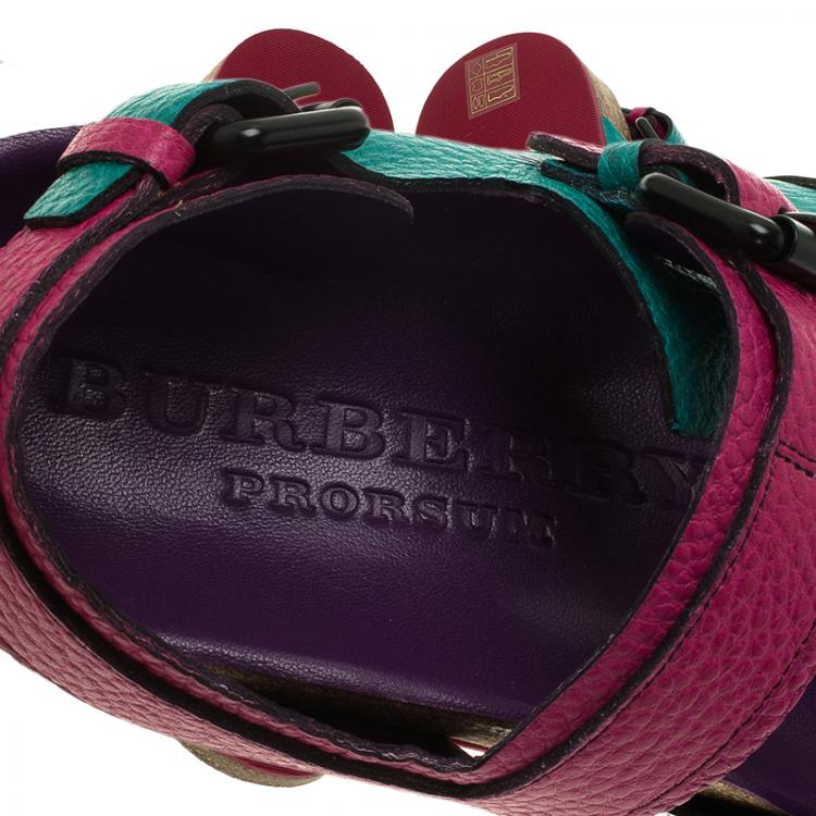 Pre Owned Burberry Multicolor Leather and Mesh Buckle Detail Sandals Size 38.5