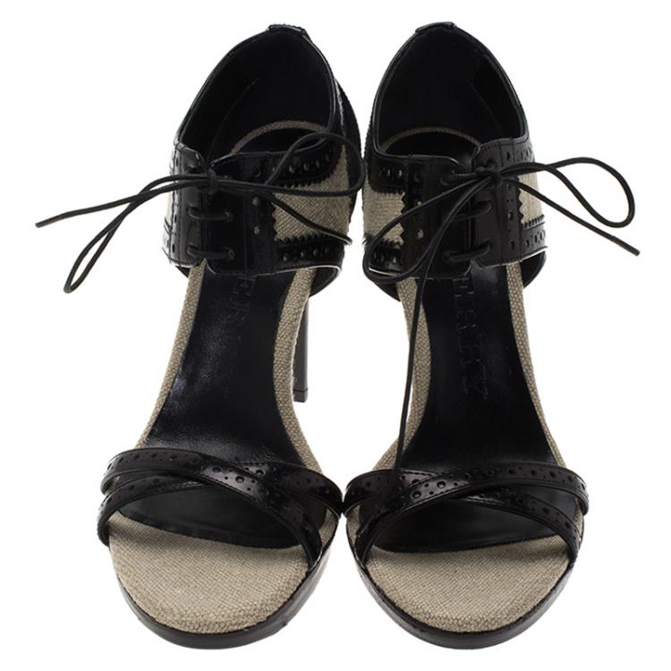 مملوكة مسبقًا Burberry Beige Linen and Brogue Leather Gauld Lace Up Sandals Size 37