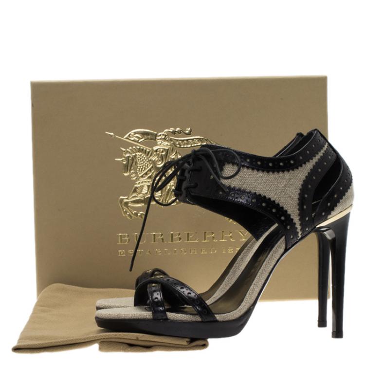 مملوكة مسبقًا Burberry Beige Linen and Brogue Leather Gauld Lace Up Sandals Size 37