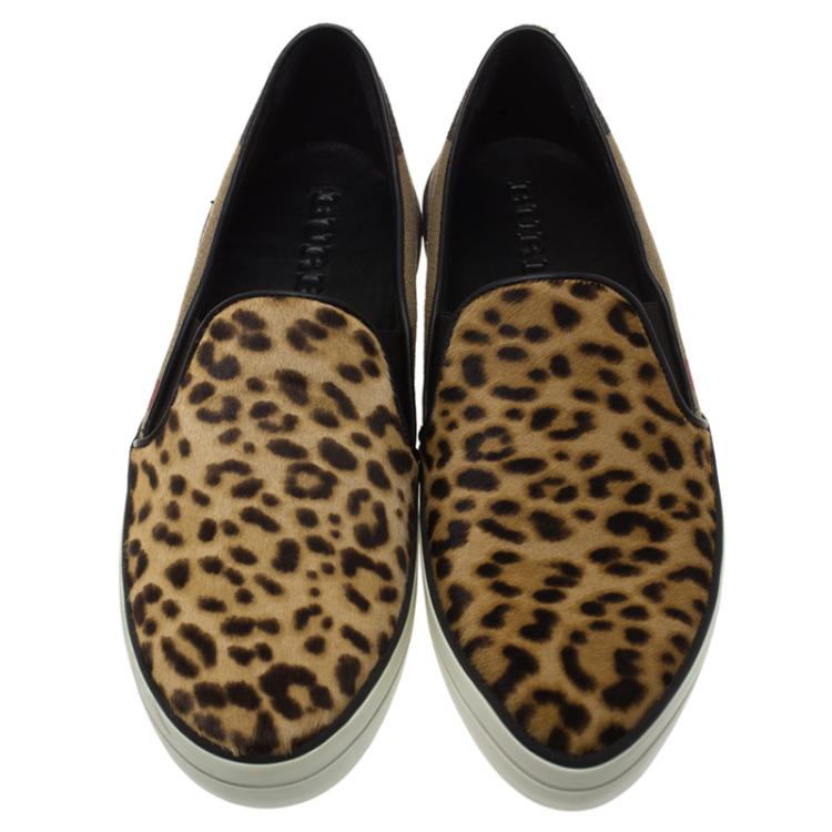 Pre Owned Burberry Beige Novecheck Canvas and Leopard Calf Hair Slip On Sneakers Size 39