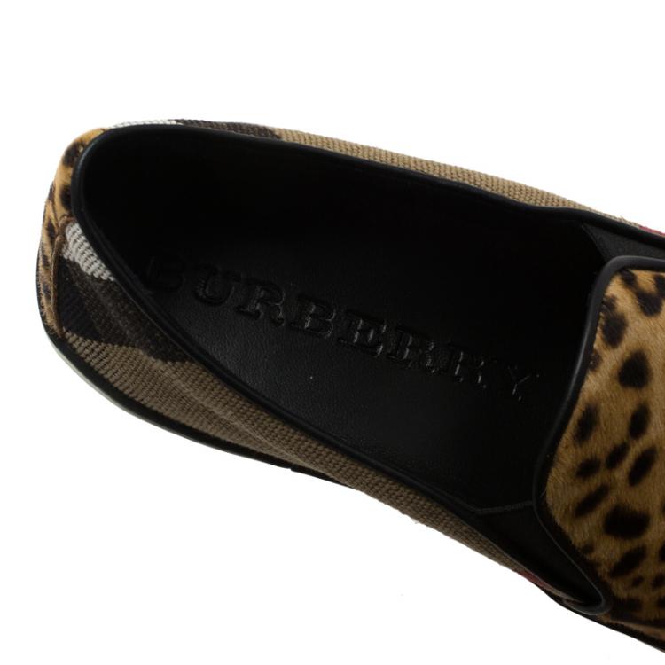 Pre Owned Burberry Beige Novecheck Canvas and Leopard Calf Hair Slip On Sneakers Size 39