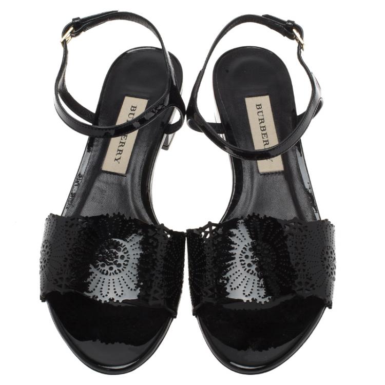 Pre Owned Burberry Black Patent Perforated Leather Sandals Size 38