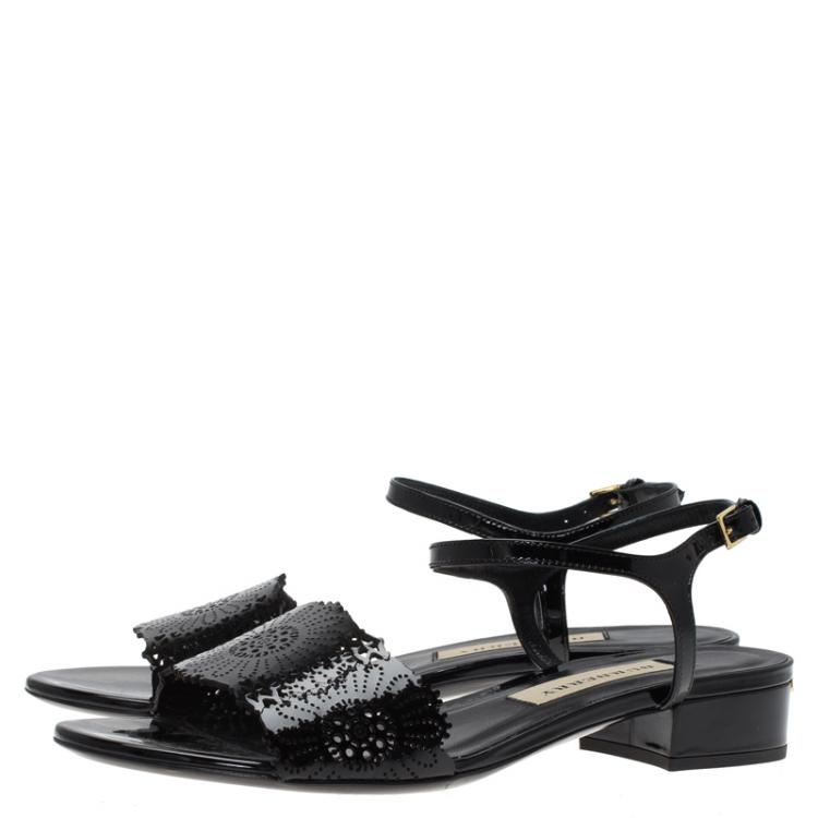 Pre Owned Burberry Black Patent Perforated Leather Sandals Size 38