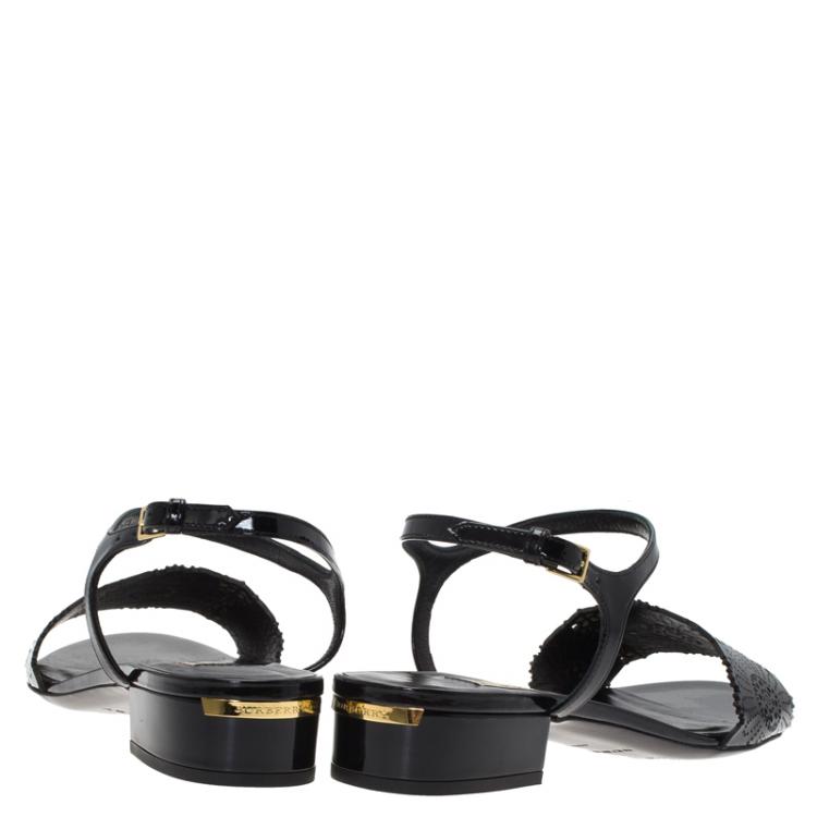 Pre Owned Burberry Black Patent Perforated Leather Sandals Size 38