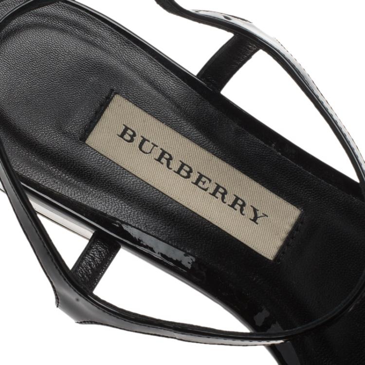 Pre Owned Burberry Black Patent Perforated Leather Sandals Size 38