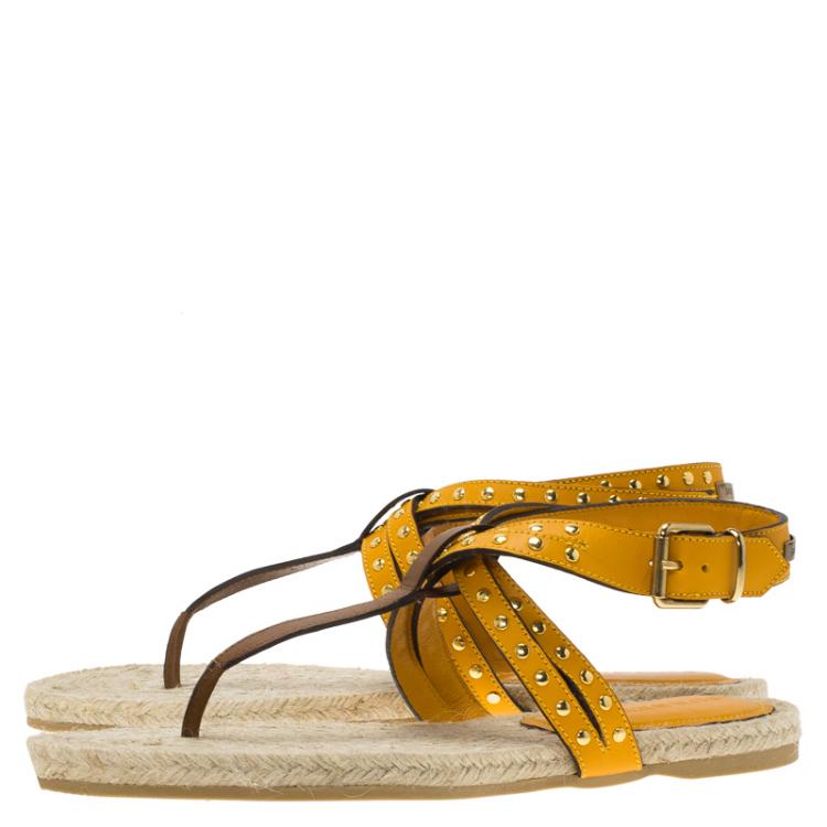 Pre Owned Burberry Orange Studded Leather Ankle Strap Thong Espadrille Sandals Size 39.5