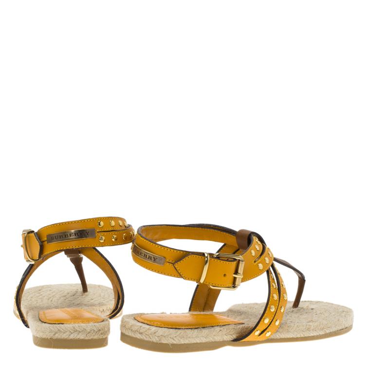 Pre Owned Burberry Orange Studded Leather Ankle Strap Thong Espadrille Sandals Size 39.5