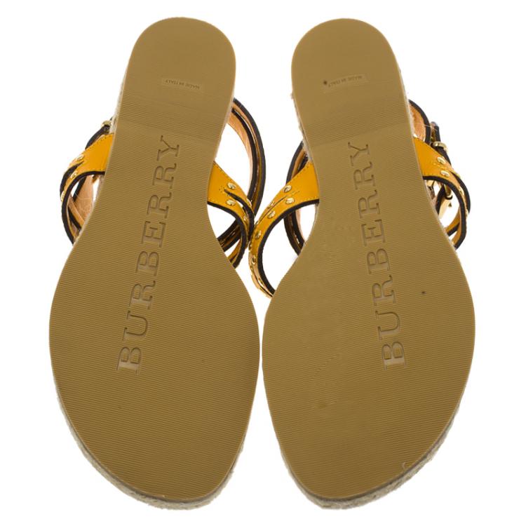 Pre Owned Burberry Orange Studded Leather Ankle Strap Thong Espadrille Sandals Size 39.5