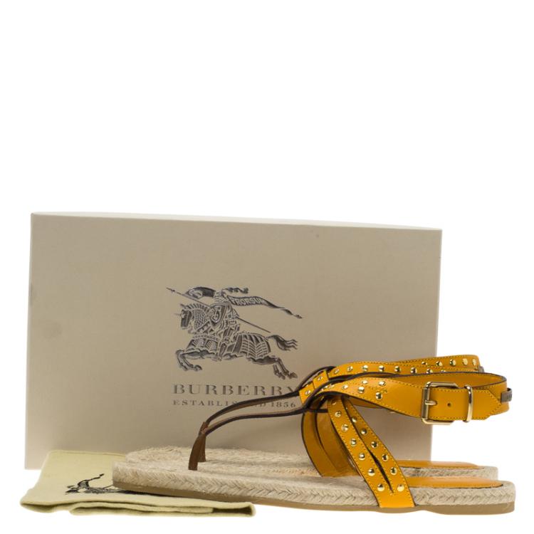 Pre Owned Burberry Orange Studded Leather Ankle Strap Thong Espadrille Sandals Size 39.5