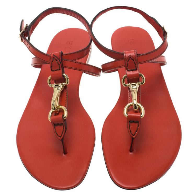 Pre Owned Burberry Red Leather Reason Ankle Strap Thong Sandals Size 39
