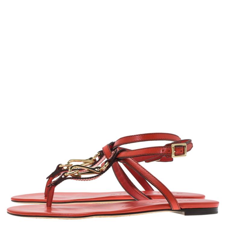 Pre Owned Burberry Red Leather Reason Ankle Strap Thong Sandals Size 39