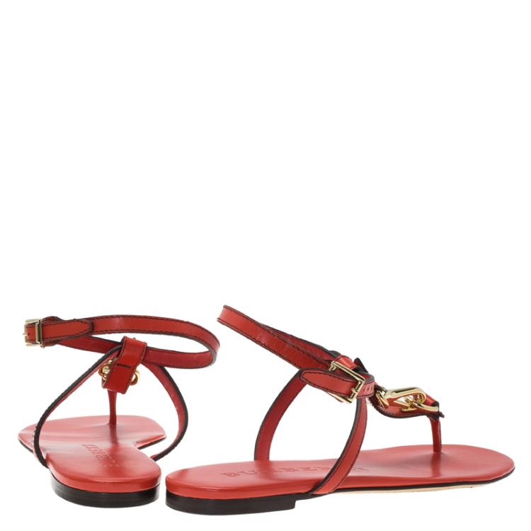 Pre Owned Burberry Red Leather Reason Ankle Strap Thong Sandals Size 39