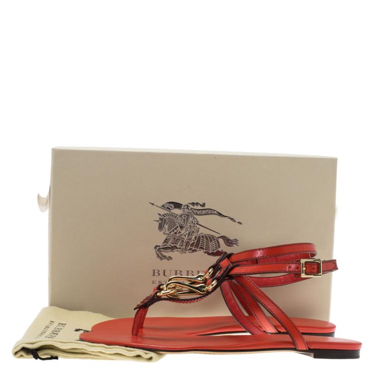 Pre Owned Burberry Red Leather Reason Ankle Strap Thong Sandals Size 39