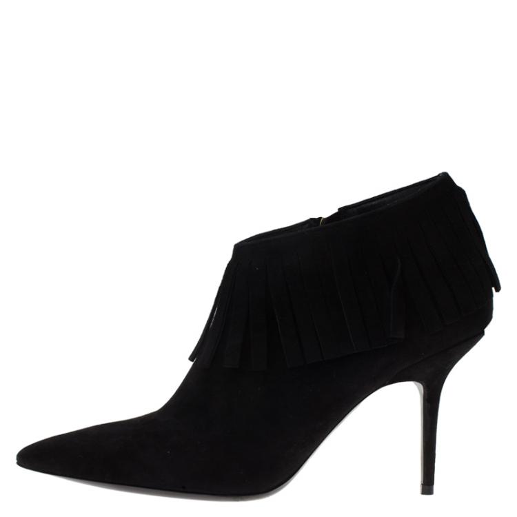 Pre Owned Burberry Black Suede Fringe Ankle Boots Size 40