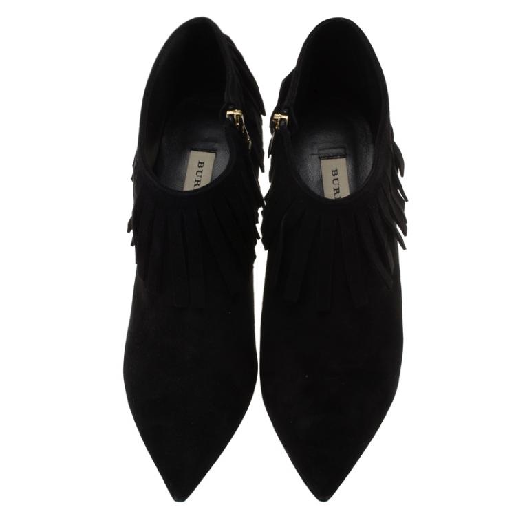 Pre Owned Burberry Black Suede Fringe Ankle Boots Size 40