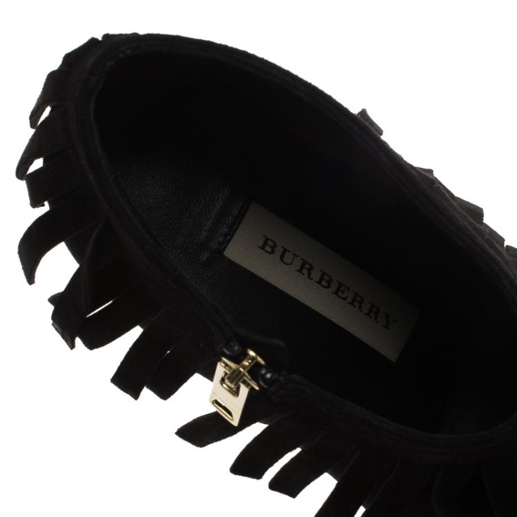 Pre Owned Burberry Black Suede Fringe Ankle Boots Size 40