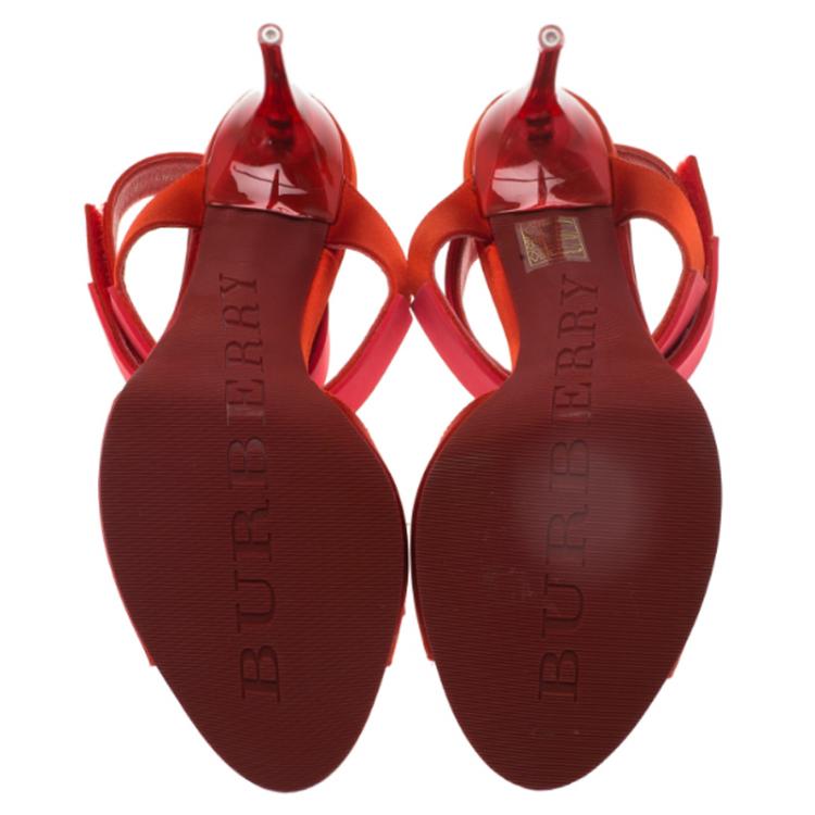 Pre Owned Burberry Red Satin T- Strap Platform Sandals Size 38