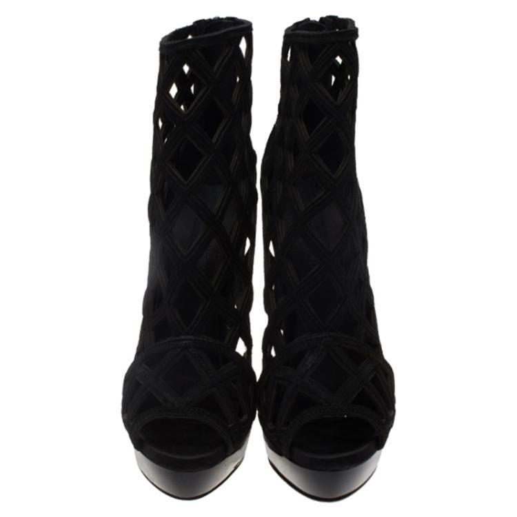 Pre Owned Burberry Prorsum Black Suede Edenside Cage Wedge Ankle Boots Size 37