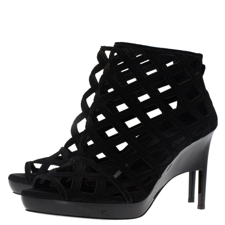 Pre Owned Burberry Prorsum Black Suede Edenside Cage Wedge Ankle Boots Size 37