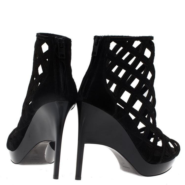 Pre Owned Burberry Prorsum Black Suede Edenside Cage Wedge Ankle Boots Size 37